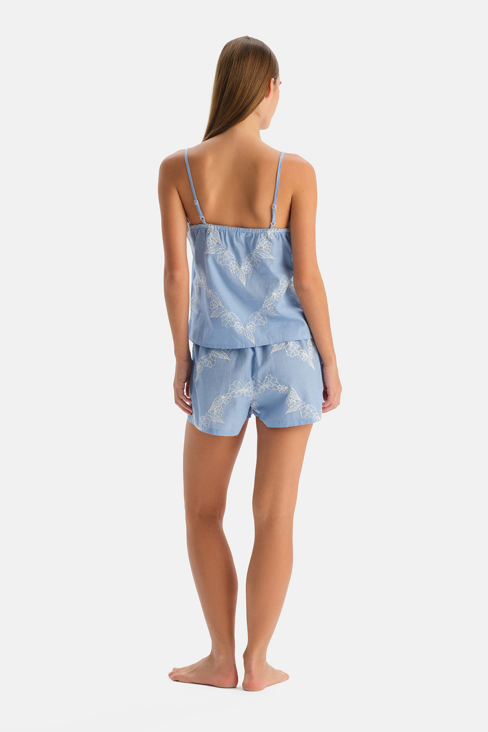 Mavi Nakış Detaylı Dokuma Camisole Şort Takım