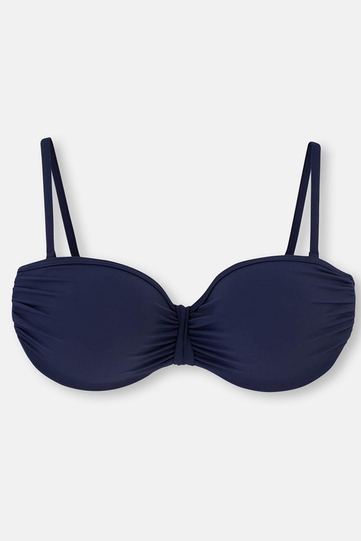 Lacivert Dolgulu Kaplı Luplu Straplez Tek Bikini Üst