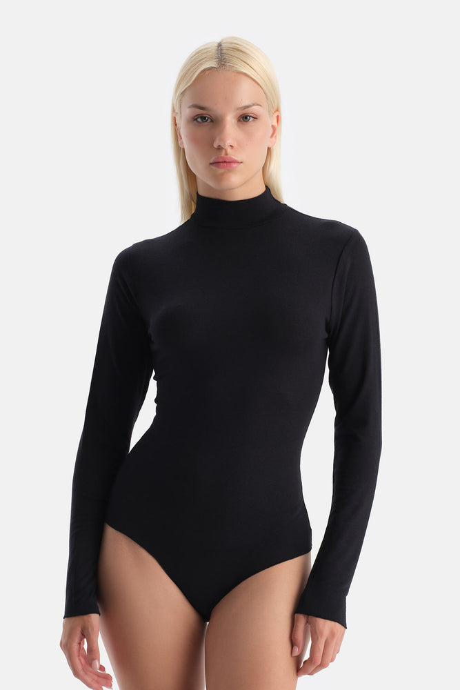 Siyah Modal Kaşmir Uzun Kollu Balıkçı Yaka Bodysuit