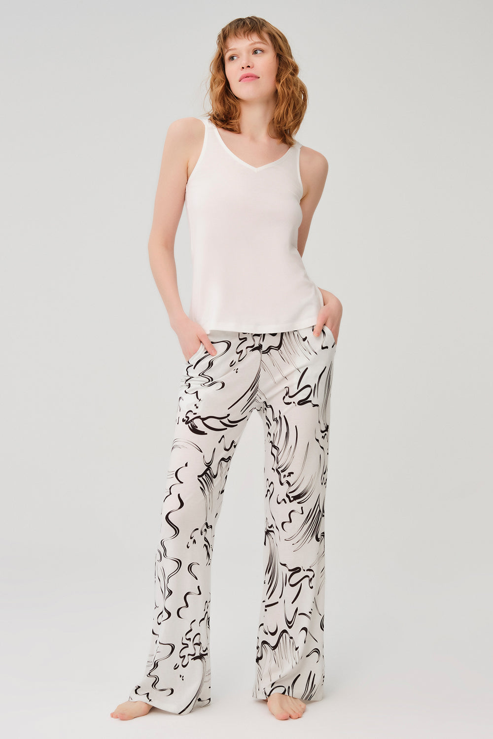 Beyaz Kadın Modal Kolsuz Gömlek Pijama Takımı